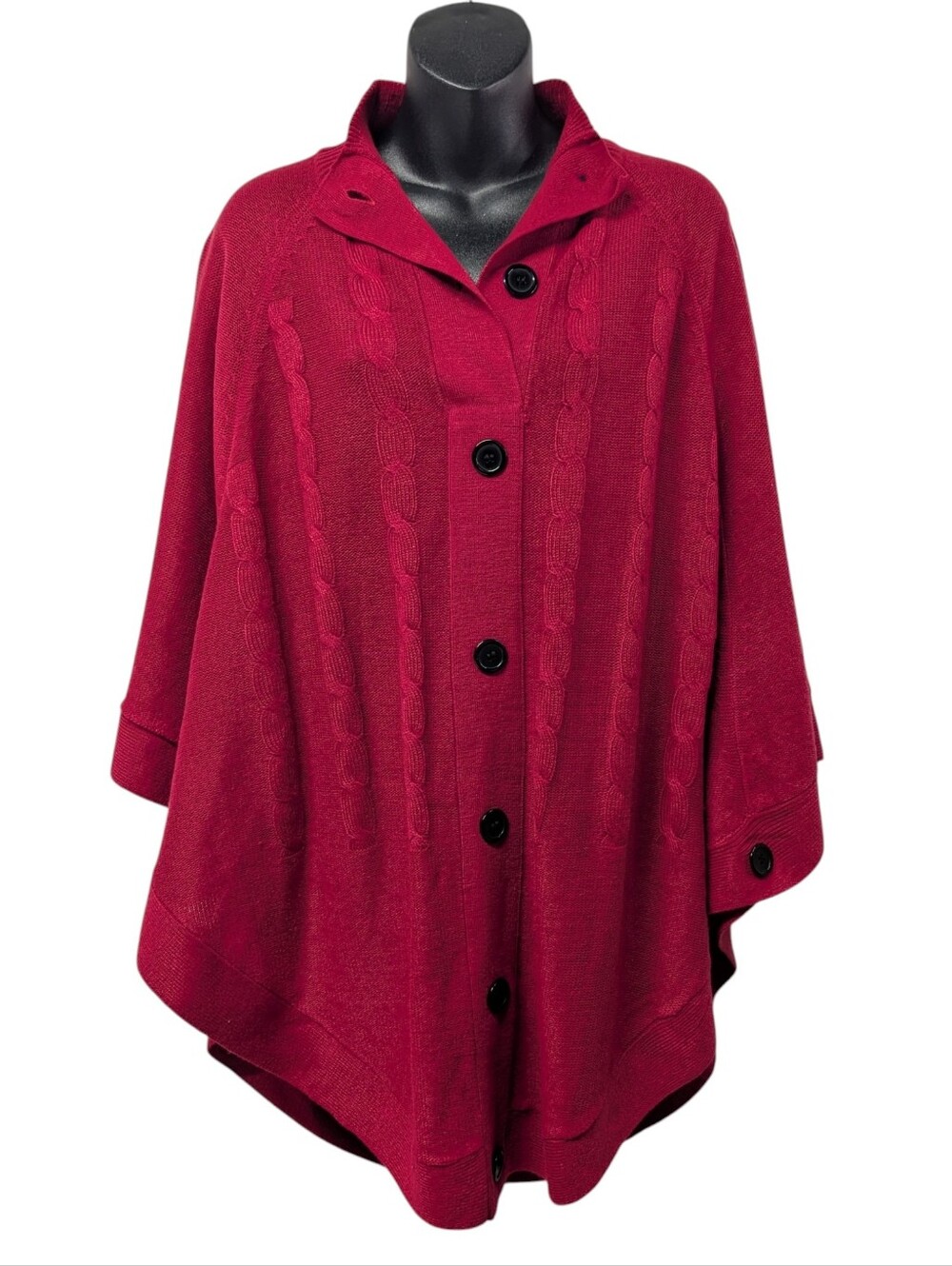 Angee Red Cable Knit Button Front Poncho Cape Sweater One Size Acrylic
